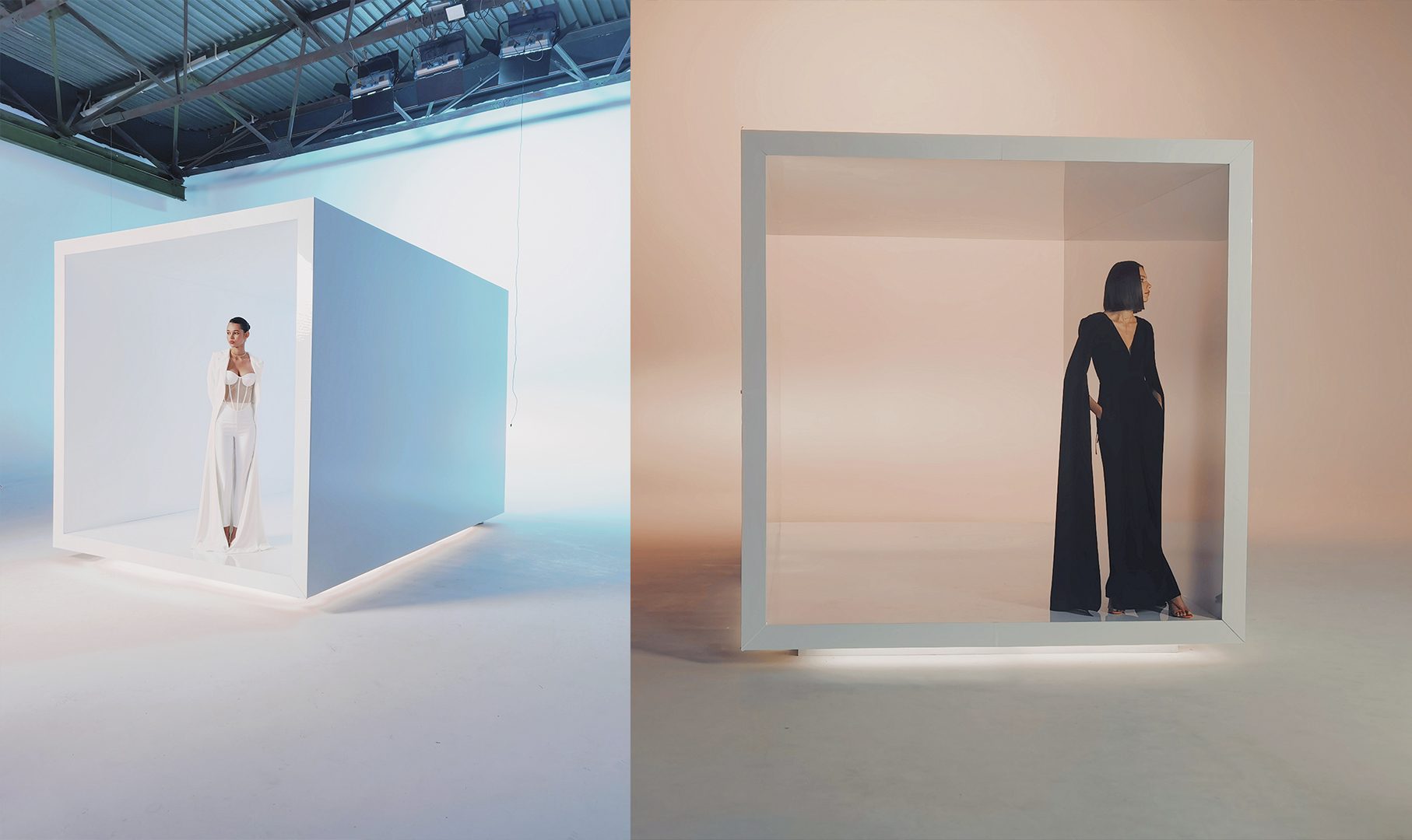 Контрастне світло у білому кубі — чорна сукня vs білий образ, фешн‑зйомка SP Studio