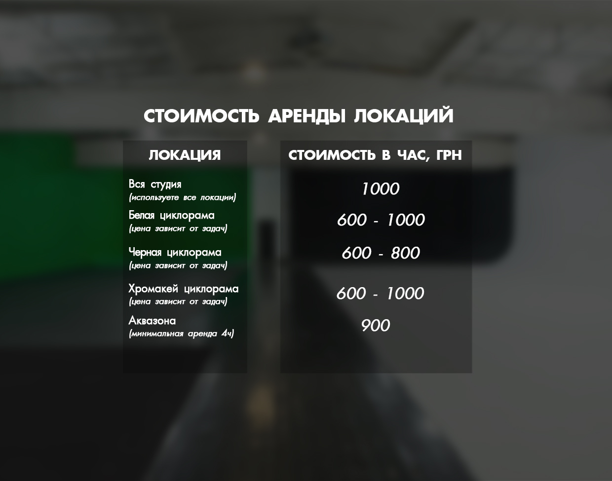 Цена аренды белая циклорама | Стоимость аренда белой циклорамы Киев | Аренда Большая циклорама | Стоимость белая циклорама Киев | Цена самая большая циклорама Киев |
