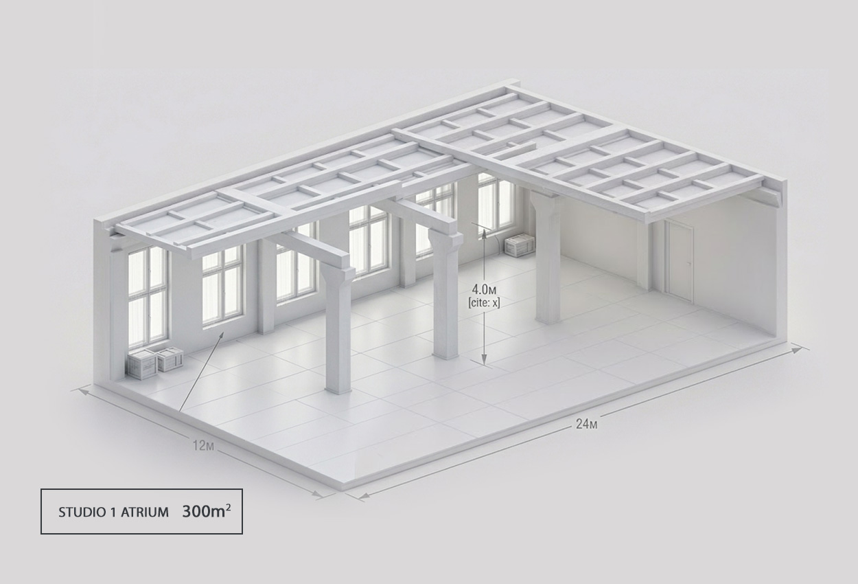 Технічний 3D план павільйону Studio 1 Atrium: корисна площа 300 кв м, розміри 24 на 12 метрів
